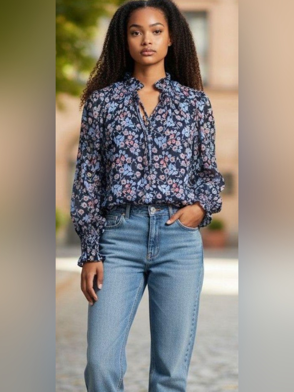 Loft Blouse Blue & Pink Floral Ruffle Neck Sheer Long Sleeves Smocked Cuffs XS 👍